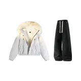 Ecru (Down Jacket) + Black Jeans Fleece-Lined  
Экрю (Пуховик) + Черные Джинсы с Флисовой Подкладкой