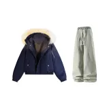 Синий пуховик + желтые грязные джинсы с флисовой подкладкой