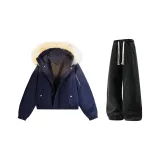 Синий пуховик + черные джинсы с флисовой подкладкой