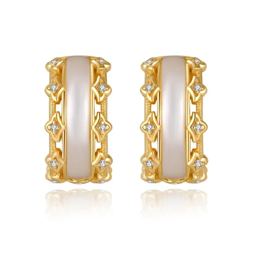 Retro Chic Brass Gold Plated Инкрустированный Белый Перламутр Винтаж Кружево Серьги-кольца Женские