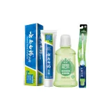 Трехкомпонентный комплект: Зубная паста мятного цвета 145 г + Прозрачная зубная щетка + Зубная вода 100 мл