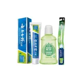 Трехкомпонентный комплект: Зубная паста мятного цвета 210 г + Прозрачная зубная щетка + Зубная вода 100 мл