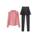 Мэй Sha Розовый Пальто Двухкомпонентный Комплект (Темно-синие Серые Штаны)