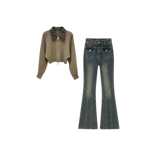 INCO VIBE Кофейный Свитер + Синие Джинсы Женские Повседневные Костюмы