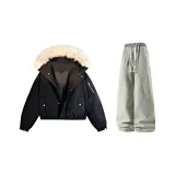 Чёрный пуховик + жёлтые грязные джинсы с флисовой подкладкой