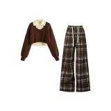 Кофейный трикотаж, ткань + майка + кофейная клетка, широкие брюки