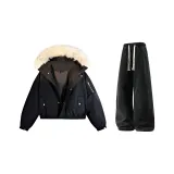 Black (Down Jacket) + Black Jeans Fleece-Lined  
Черный (Пуховик) + Черный Джинсы с Флисовой Подкладкой