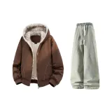 Кофейный пуховик + желтые джинсы с эффектом грязи, с флисовой подкладкой