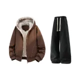 Кофейный пуховик + черные джинсы с флисовой подкладкой