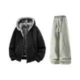 Чёрный пуховик + жёлтые грязные джинсы с флисовой подкладкой