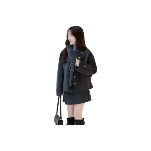 ONENINE34PM Темно-серый пальто + юбка [набор из двух предметов] женский комплект с юбкой