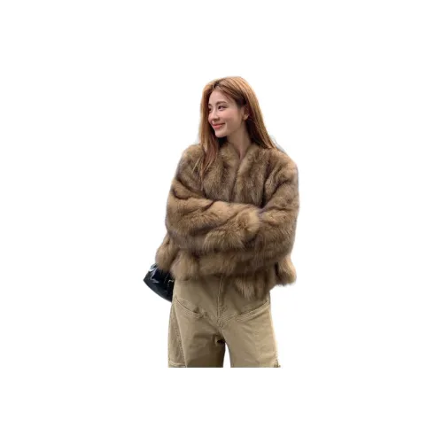 Янтарный Коричневый Оригинальный Ткань + Утолщенный Утеплённый Женские Меховые изделия