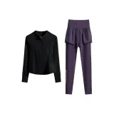 Двухкомпонентный комплект (Черный топ с длинным рукавом + Фиолетовые штаны)