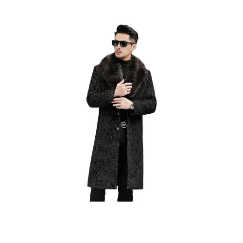 AF Черный Длинный Шерстяное Пальто SABLE с Меховым Воротником Мужская Меховая Одежда
