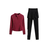 Двухкомпонентный комплект (Красный длинный рукав топ + Черные штаны)