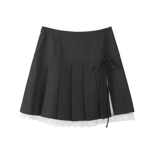 Fstudio Лето Корейский Преппи стиль Разделенный Бант Кружево Вверх Плиссированный Повседневные короткие юбки Женские