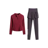 Двухкомпонентный комплект (Красный длинный рукав топ + Темно-фиолетовые штаны)