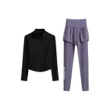 Двухкомпонентный комплект (Черное пальто + Серые штаны с кофейным фиолетовым)