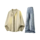 Абрикос Трикотаж + Светло-Синие Расклешенные Джинсы