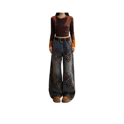 FAVMARTHA Синий с принтом стандартный женский джинсы