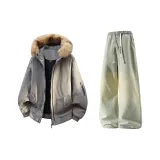 Светло-серые + желтые грязные джинсы с флисовой подкладкой