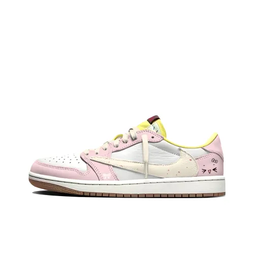 Travis Scott x Jordan Air Jordan 1 Устойчивые к истиранию Низкие Баскетбольные Кроссовки Унисекс Розовые Белые