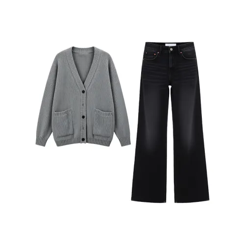 INCO VIBE Серый Свитер + Черные Джинсы Женские Повседневные Костюмы