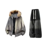 Светло-серый + черный джинсы с флисовой подкладкой