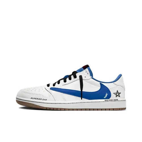 Travis Scott x Jordan Air Jordan 1 Устойчивые к истиранию Низкие Баскетбольные Кроссовки Унисекс Синие Белые