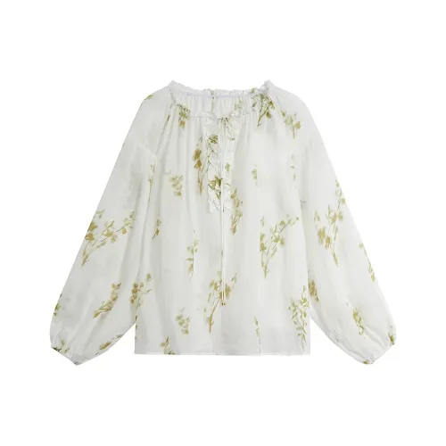 Inman Белый подкладочная ткань Зеленый цветочный Женская рубашка