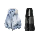 Светло-синие + черные джинсы с флисовой подкладкой