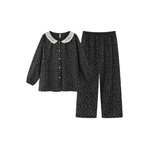 XIAOLIZI Edge Круглый вырез Кружевная отделка Леопардовый принт Женские Пижамные комплекты