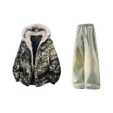 Камуфляж + Желтый Грязь Джинсы с Флисовой Подкладкой