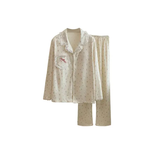 YUNPO Кружевная отделка Маленький цветочный комплект пижам Женские пижамные комплекты