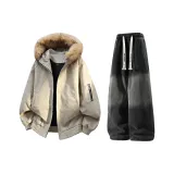 Бежевый, серый + черный, джинсы, с флисовой подкладкой