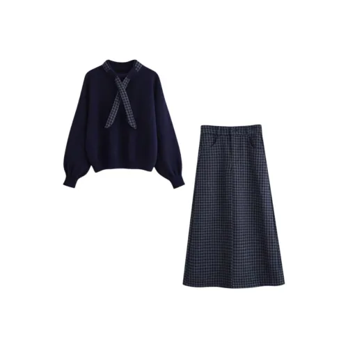ONENINE34PM Темно-синий синий свитер + юбка [набор] женские юбочные комплекты