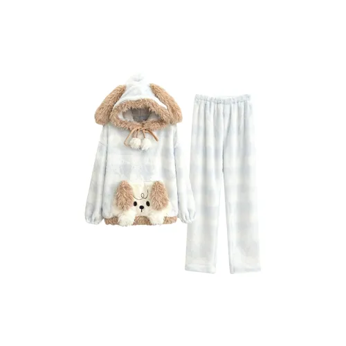 ALPLUME Синий Клетка Щенок Комплекты Одежды [Утолщенный Wa с Флисовой Подкладкой] Женские Пижамные Комплекты