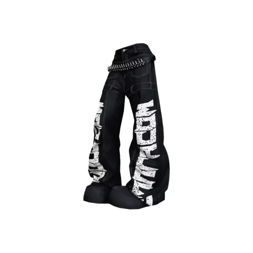 SNEIKLAU Черный [Bowie Нож Принт с буквами] Унисекс Джинсы
