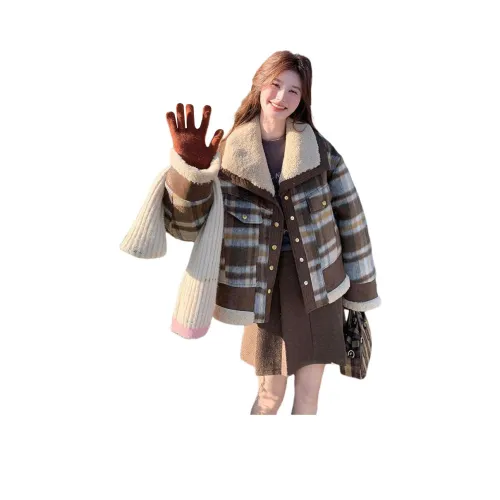 Langqing Кофейная клетка Утолщенный Утепленный Подкладка С подарками Langqing Наклеенный Женские Короткие пальто