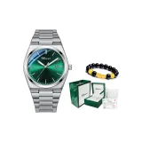 Серебряный корпус, зеленый циферблат, стальной браслет (включает браслет + сертификат + высококачественная коробка)