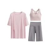 Трехкомпонентный комплект (Розовый короткий рукав топ + бюстгальтер + Серые шорты с плотной отделкой)