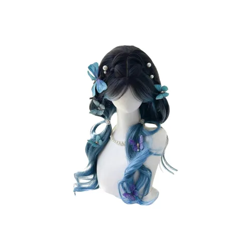 BEIQING [Радужка Девичий] Градиентный синий Шелковая чёлка Длинные волнистые Большая волна Женский парик