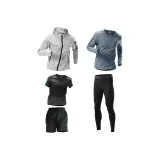 5 Пачка Комплект [Светло-Серое Пальто + Черно-Зеленая Рубашка с Коротким Рукавом + Черные Шорты + Серая Рубашка с Длинным Рукавом + Черные Брюки-Леггинсы]