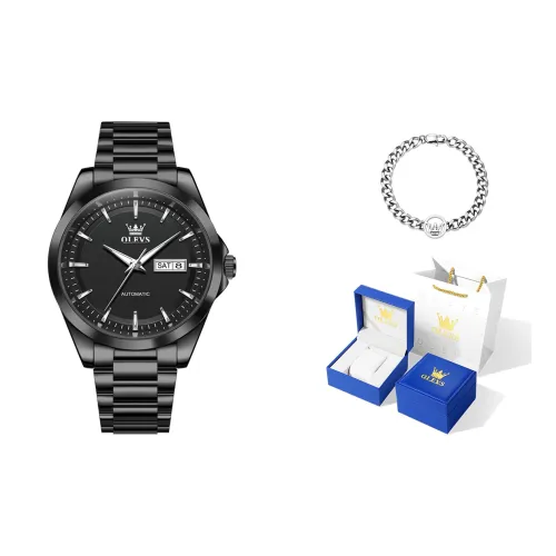 OLEVS Автоматический механический механизм ремешок из нержавеющей стали черный циферблат мужские часы