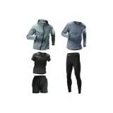5-Предметный Комплект [Зеленая Куртка + Черный и Серый Короткий Рукав + Черные Шорты + Серый Длинный Рукав + Черные Леггинсы]