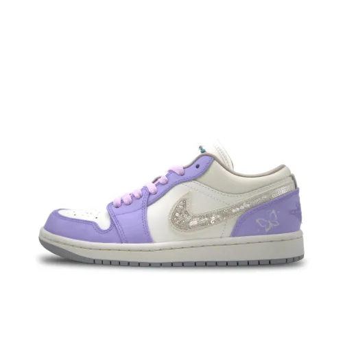 Jordan Air Jordan 1 Light Purple Butterfly Устойчивые к истиранию Низкие Баскетбольные Кроссовки Унисекс