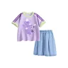 Ди Bubble Floral Purple + Solid Color Denim Light Blue