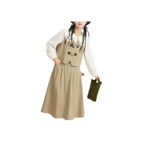 ZIHAN Комплект с юбкой Женские Трёхкомпонентный комплект Хаки жилеты + Абрикосовые рубашки + Хаки юбки