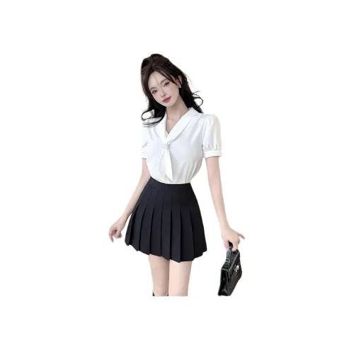 MINETTE Белый топ + Черная плиссированная юбка Женские комплекты с юбкой