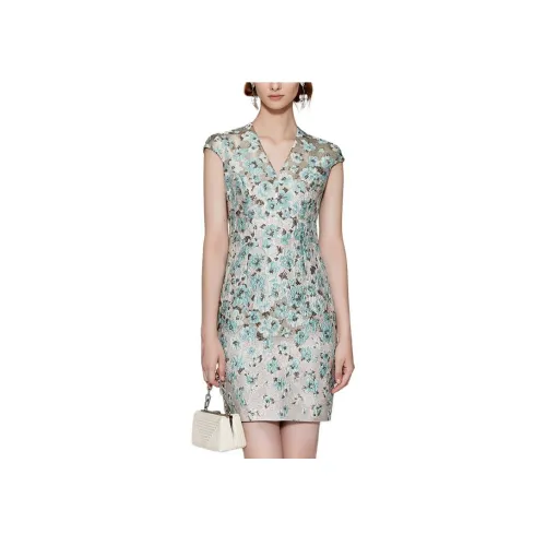 Badgley Mischka Короткий рукав Платье Женское Бежевый Золото Подкладочная ткань с Фиолетово-зеленым